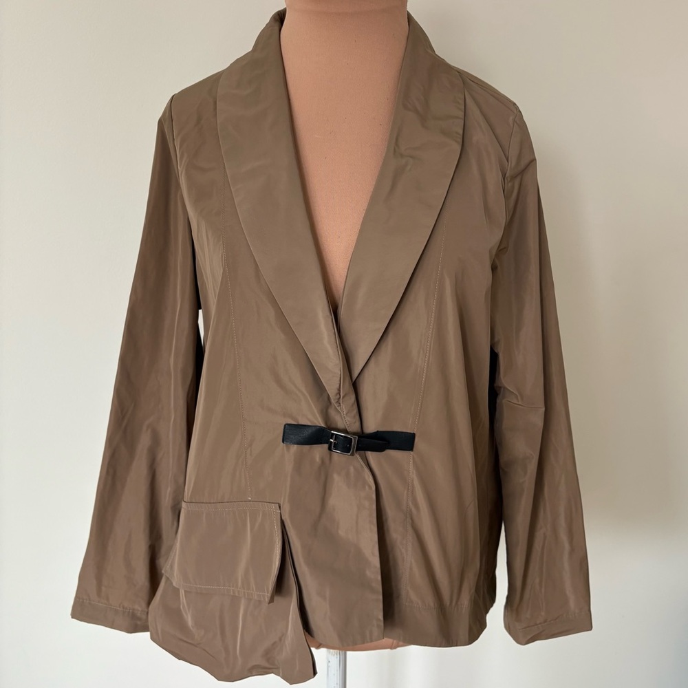 SUN KIM High-Low Lagenlook Pocket Khaki Brown Buckle Detail Shirt Jacket EUC XS